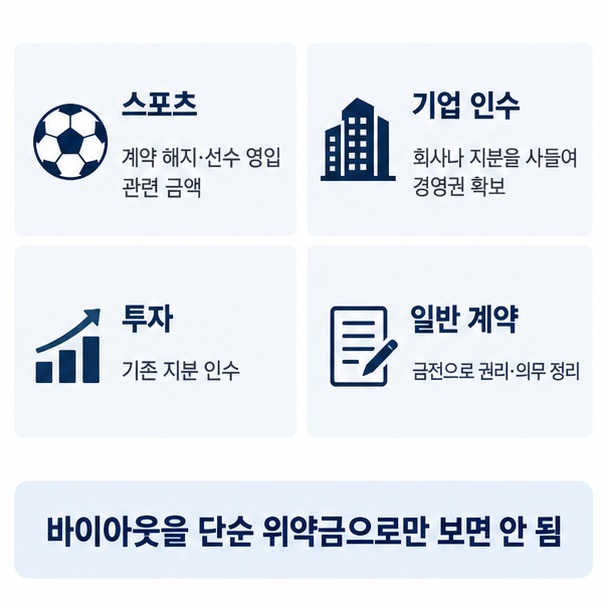 스포츠 기업 인수 투자 일반 계약에서 바이아웃이 계약 해지 선수 영입 경영권 인수 권리 정리를 뜻하는 차이를 비교한 이미지