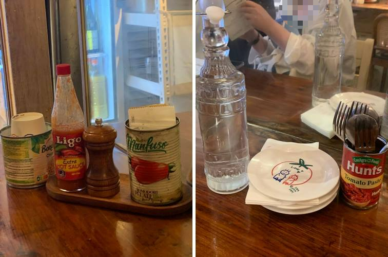 핫소스 및 푸추, 냅킨, 접시, 식기류 등등