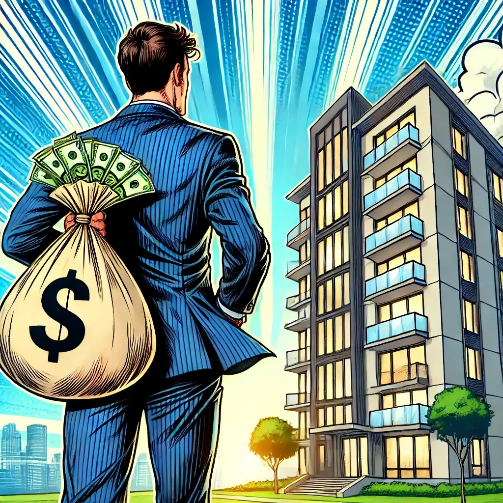 신축 아파트에 돈가방을 들고 들어가는 남자의 모습