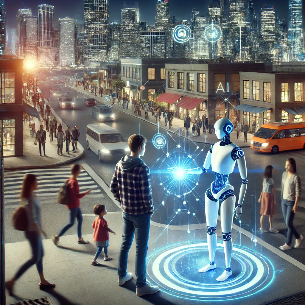 AI 로봇이 스마트 시티에서 사람들과 소통하는 미래 모습