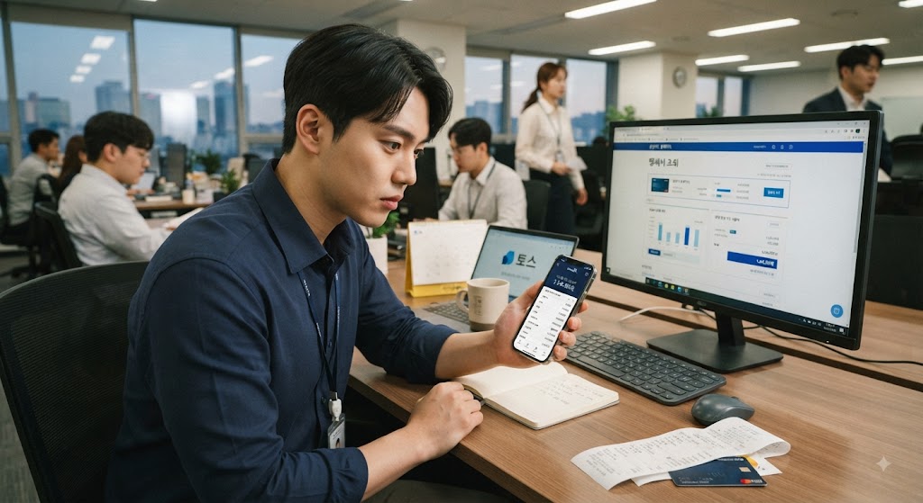 연말정산에 카드사용내역 확인하고 있는 직장인의 모습