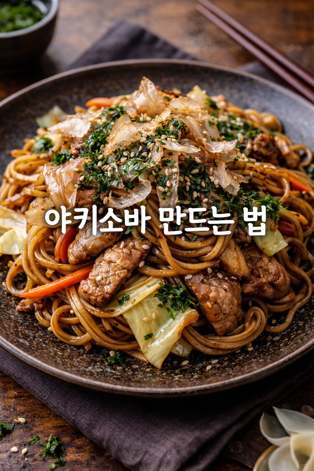 반숙 계란후라이와 가쓰오부시를 곁들여 완성한 겉바속촉 식감의 일본식 볶음면 야키소바