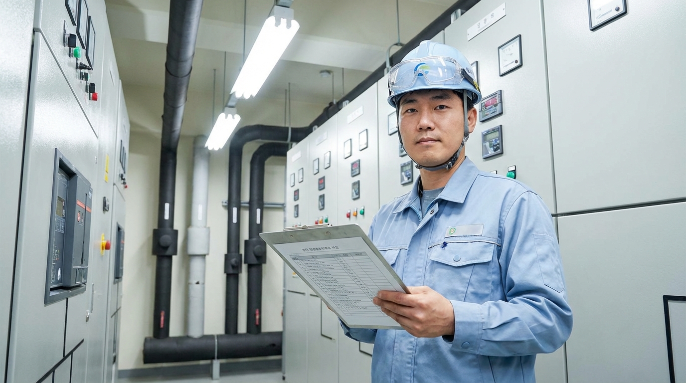 공장 변전실 앞에서 일일 체크리스트를 들고 설비를 점검하고 있는 공무 담당자의 모습