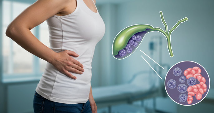 담석으로 인한 복통의 위치를 나타낸 의학 이미지