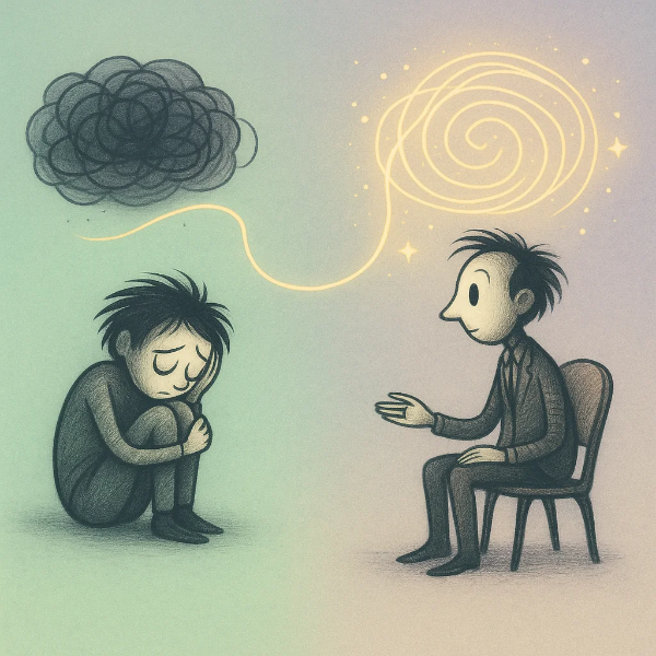 혼란 속 인물과 상담사가 빛나는 실로 연결되어 회복을 상징하는 팀 버튼풍 장면