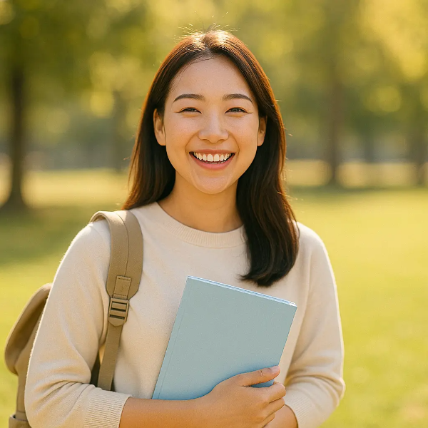캠퍼스 또는 공원에서 책을 들고 환하게 웃고 있는 한국인 여대생의 자연스럽고 밝은 이미지