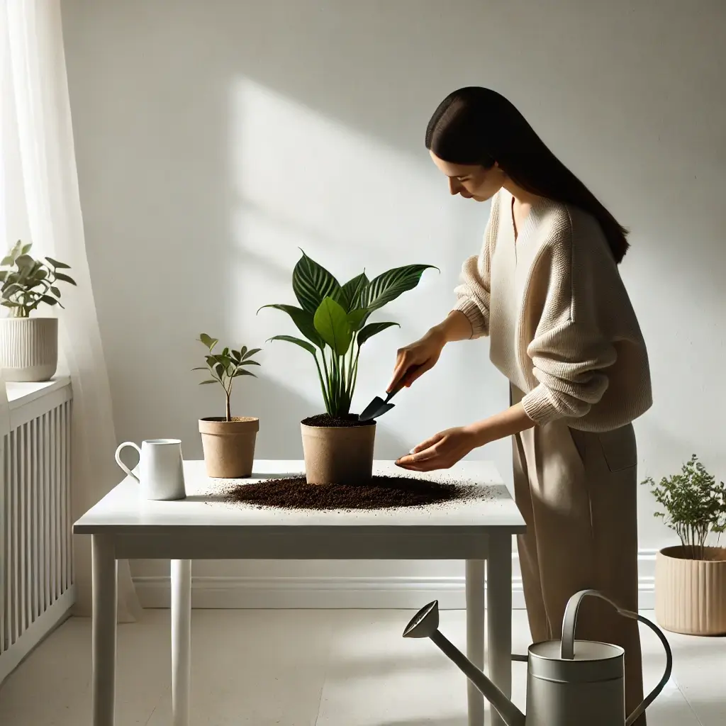 실내 식물 토양 교체 작업 이미지