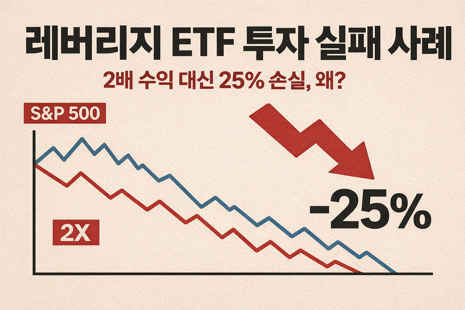 레버리지 ETF 투자 실패 사례를 설명하는 비교 그래프 인포그래픽