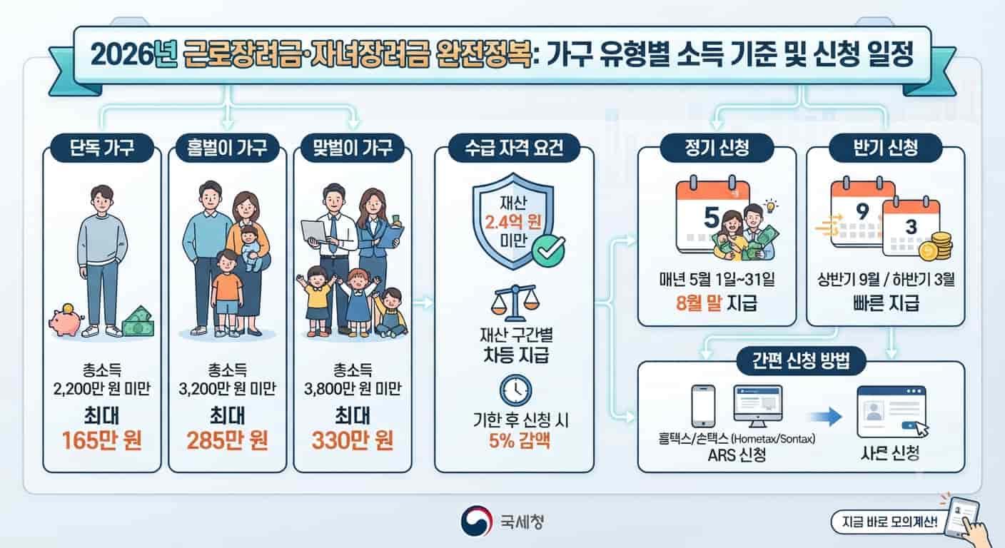 2026 근로장려금 가구별 소득기준 및 정기 반기 신청 일정 인포그래픽