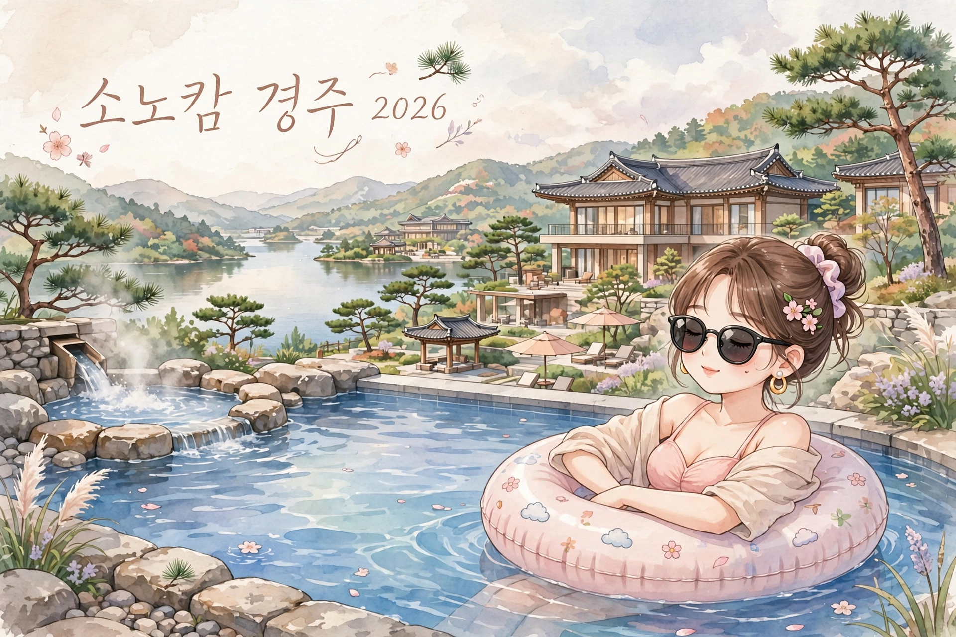 소노캄 경주 2026이라는 글씨가 적힌 수채화 일러스트. 한옥 호텔과 보문호수를 배경으로 분홍색 튜브 위에 선글라스를 쓴 여성이 온천 풀에 떠 있는 모습, 주변에 벚꽃잎과 소나무가 흩날리는 봄 풍경