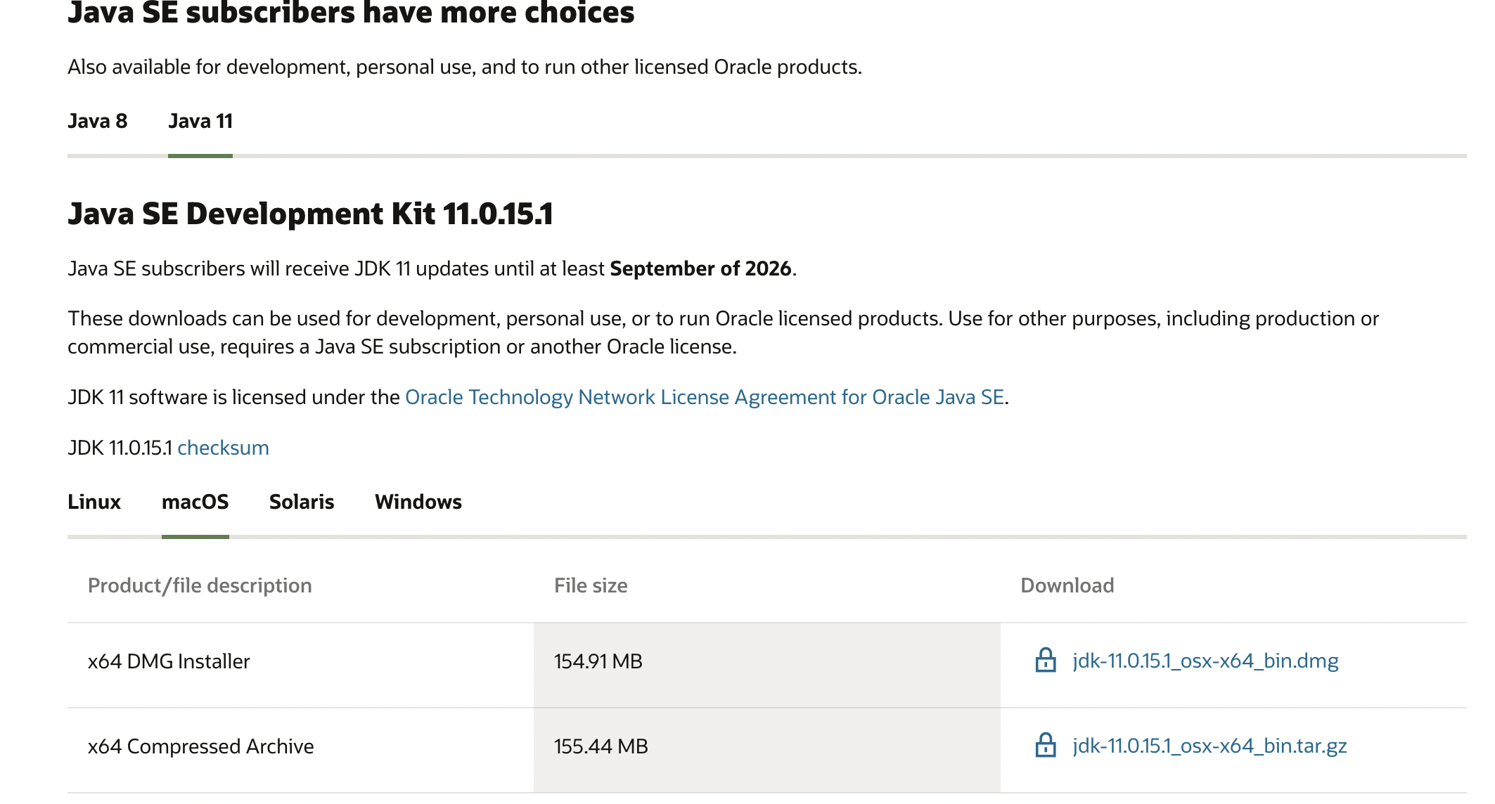 Oracle Java 11 다운로드 페이지 (macOS dmg 설치 파일 선택 화면)