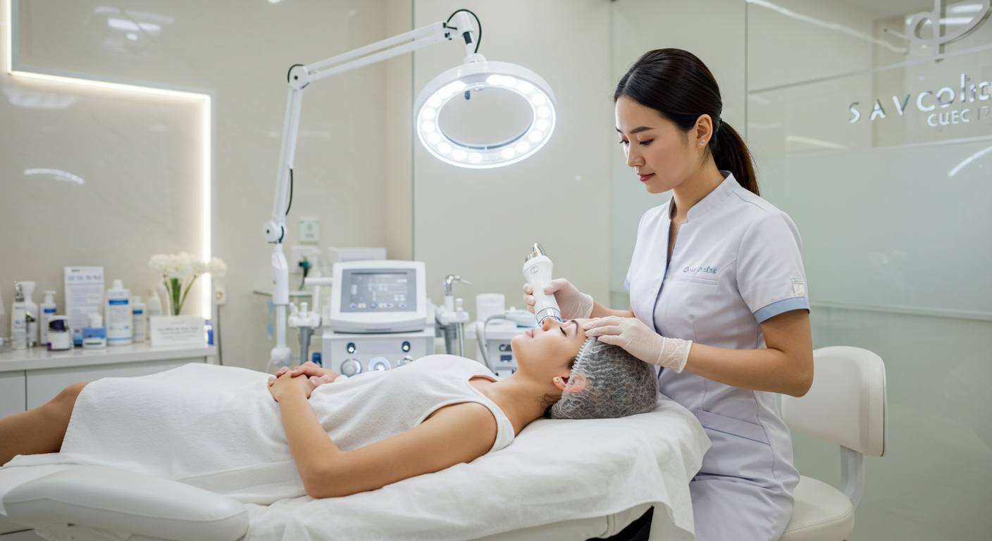A clean and professional aesthetic clinic interior, showing a female client receiving a non-invasive facial treatment with a modern beauty device. The client is lying comfortably on a white treatment bed, and the esthetician is focused, using a handheld ultrasound or RF device on the client’s face. Bright lighting, minimalistic decor, and medical-grade skincare equipment in the background. The atmosphere is calm, clinical, and high-end.