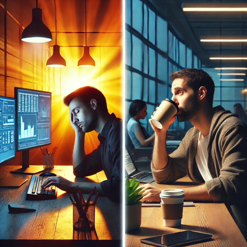 늦은 밤 사무실 불빛과 아침 햇살 아래 피곤한 표정의 직장인 대비 이미지