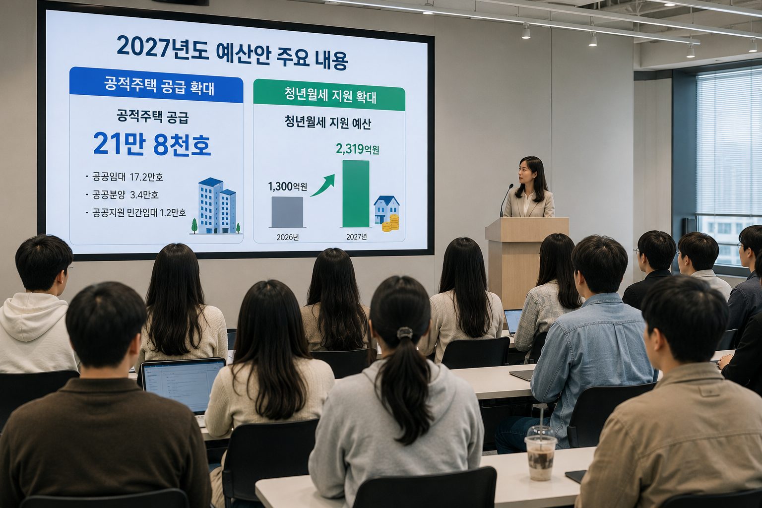 청년들이 2027년 공적주택 21만8천호 공급과 청년월세 지원 예산 확대 발표를 지켜보는 전경 모습