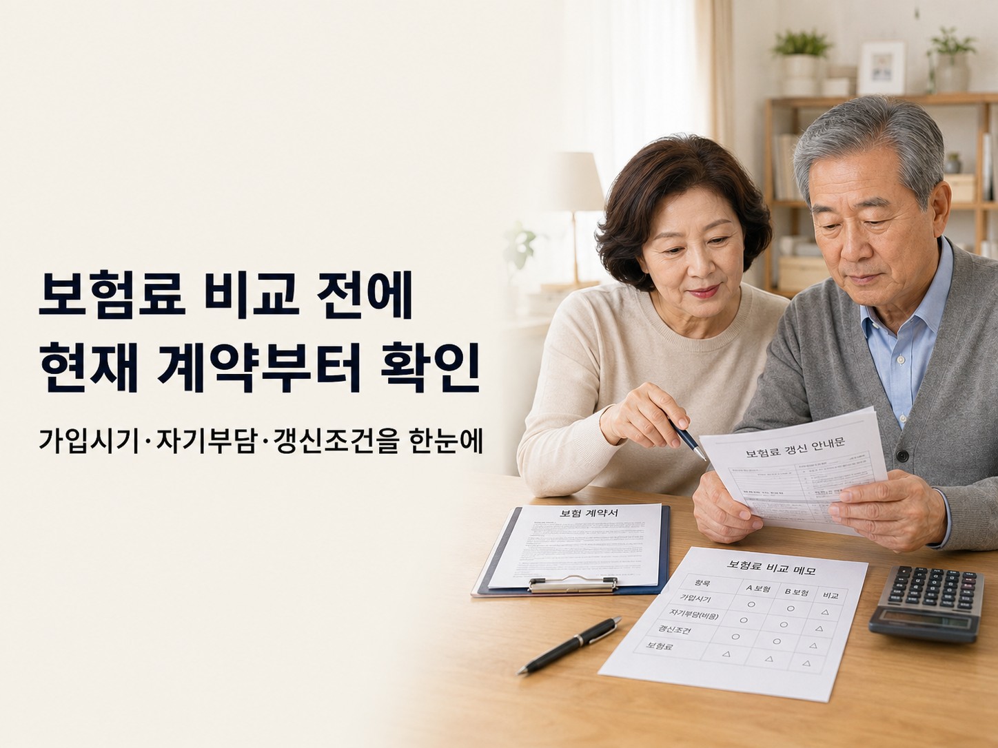 60대 한국인 부부가 기존 실손보험 증권과 최근 갱신 보험료 안내문을 나란히 펼쳐 놓고 가입일, 자기부담금, 갱신일과 월 보험료를 표로 정리하는 실사형 이미지