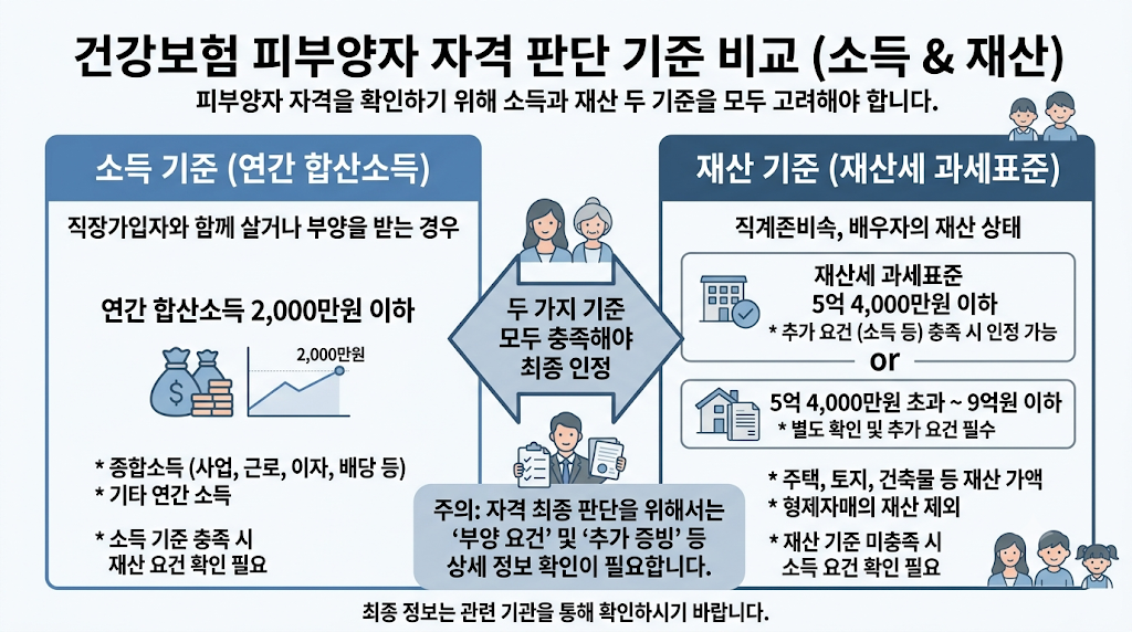 건강보험 피부양자의 연간 합산소득과 재산세 과세표준 기준을 비교하는 인포그래픽