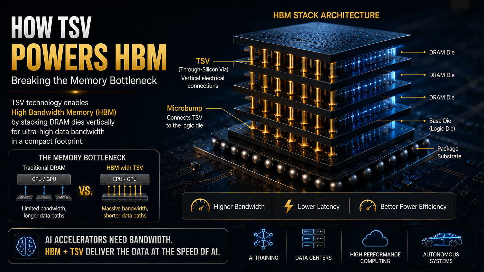 HBM stacked DRAM architecture using TSV technology to reduce the AI memory bottleneck