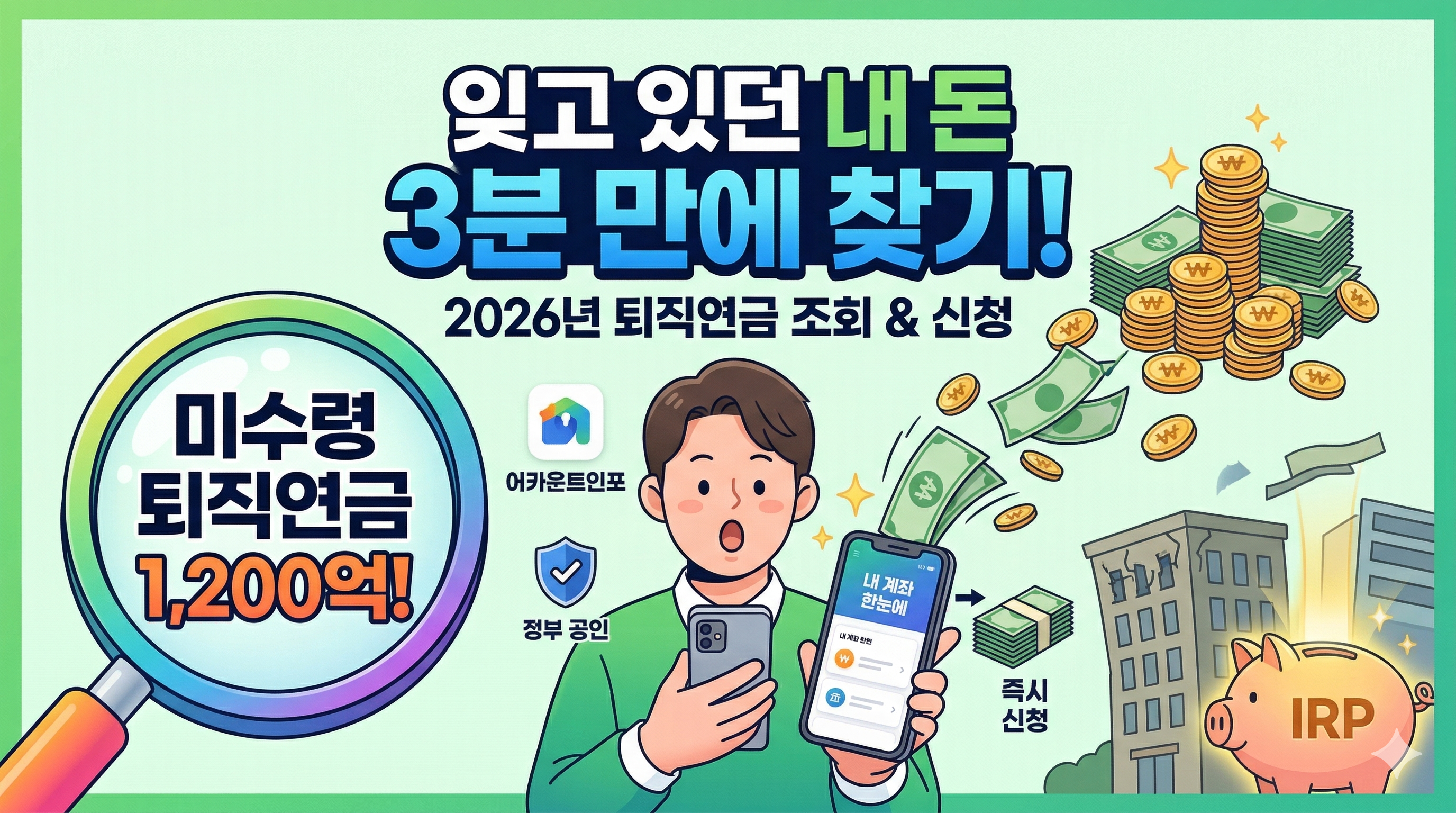 "잊고 있던 내 돈 3분 만에 찾기"라는 제목과 함께, 스마트폰 앱으로 미수령 퇴직연금을 확인하며 놀라는 남성의 모습을 담은 인포그래픽형 썸네일입니다. 돋보기로 강조된 '미수령 퇴직연금 1,200억' 문구와 쌓여있는 동전, IRP 저금통 일러스트를 통해 2026년 퇴직연금 조회 및 신청 방법을 시각적으로 표현하고 있습니다.