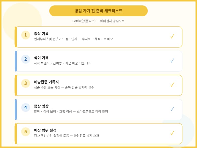 동물병원 방문 전 보호자 준비 체크리스트 5가지. 증상 기록, 식이 기록, 예방접종 기록지, 증상 영상, 예산 범위 설정 (Petflix 펫플릭스)