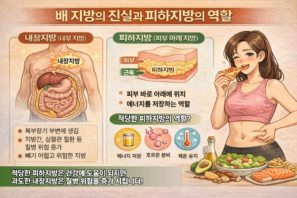 배 지방의 진실과 피하지방의 역할 관련 이미지