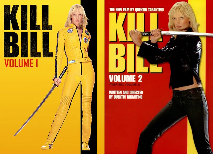 두 장의 포스터 왼쪽은 노랑 바탕의 여자가 있고 검은색으로 킬빌 이라고 쓰여있다. 오른쪽은 빨강 바탕에 검은색 옷을 입은 여자가 있고 노랑색 글자로 킬빌 이라고 쓰여있다.