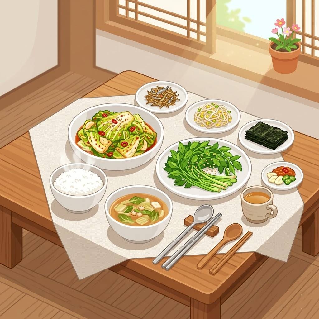 아삭한 봄동 겉절이와 푸른 미나리가 놓인 정갈한 한국식 상차림