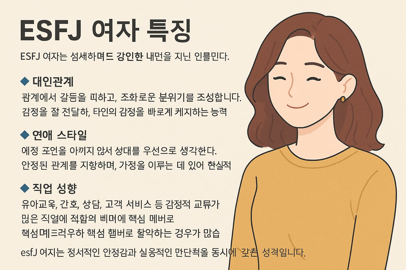 ESFJ 여성의 섬세하면서도 강한 내면을 강조하는 인포그래픽, 노란색 상의를 입은 여성이 웃고 있는 모습과 함께 특징 설명 텍스트 포함