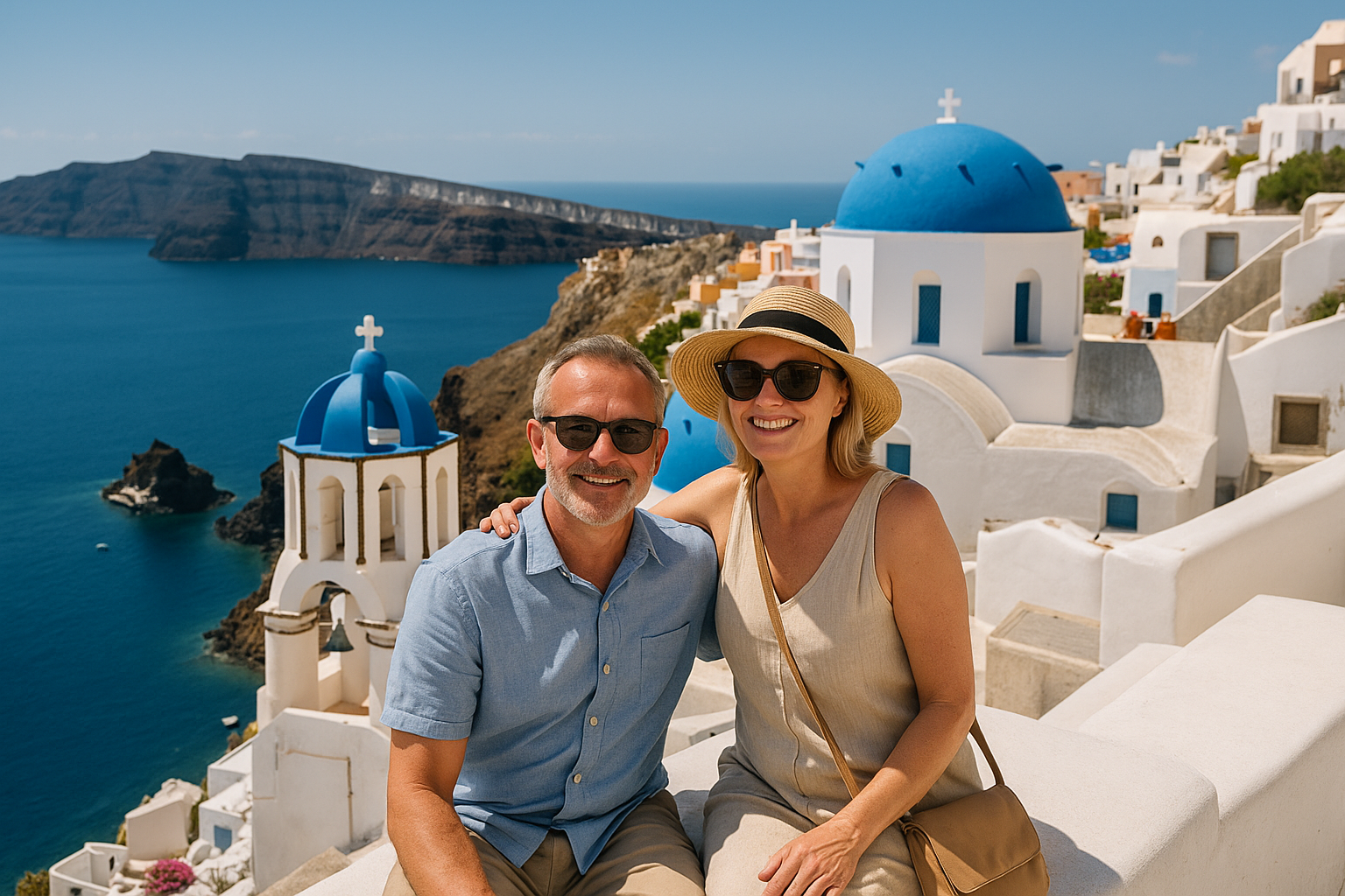 그리스 산토리니의 절벽 테라스에서 앉아 미소 짓는 중년 부부. 남성은 하늘색 셔츠와 베이지색 바지를 입고 있고, 여성은 밀짚모자와 린넨 원피스를 입은 채 남편의 어깨에 팔을 올리고 있음. 배경으로는 푸른 에게해와 산토리니 특유의 파란 돔 지붕이 보임.