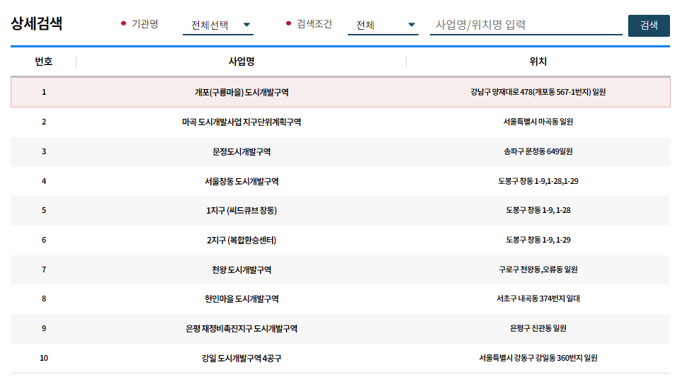 도시개발사업 내용 검색 방법