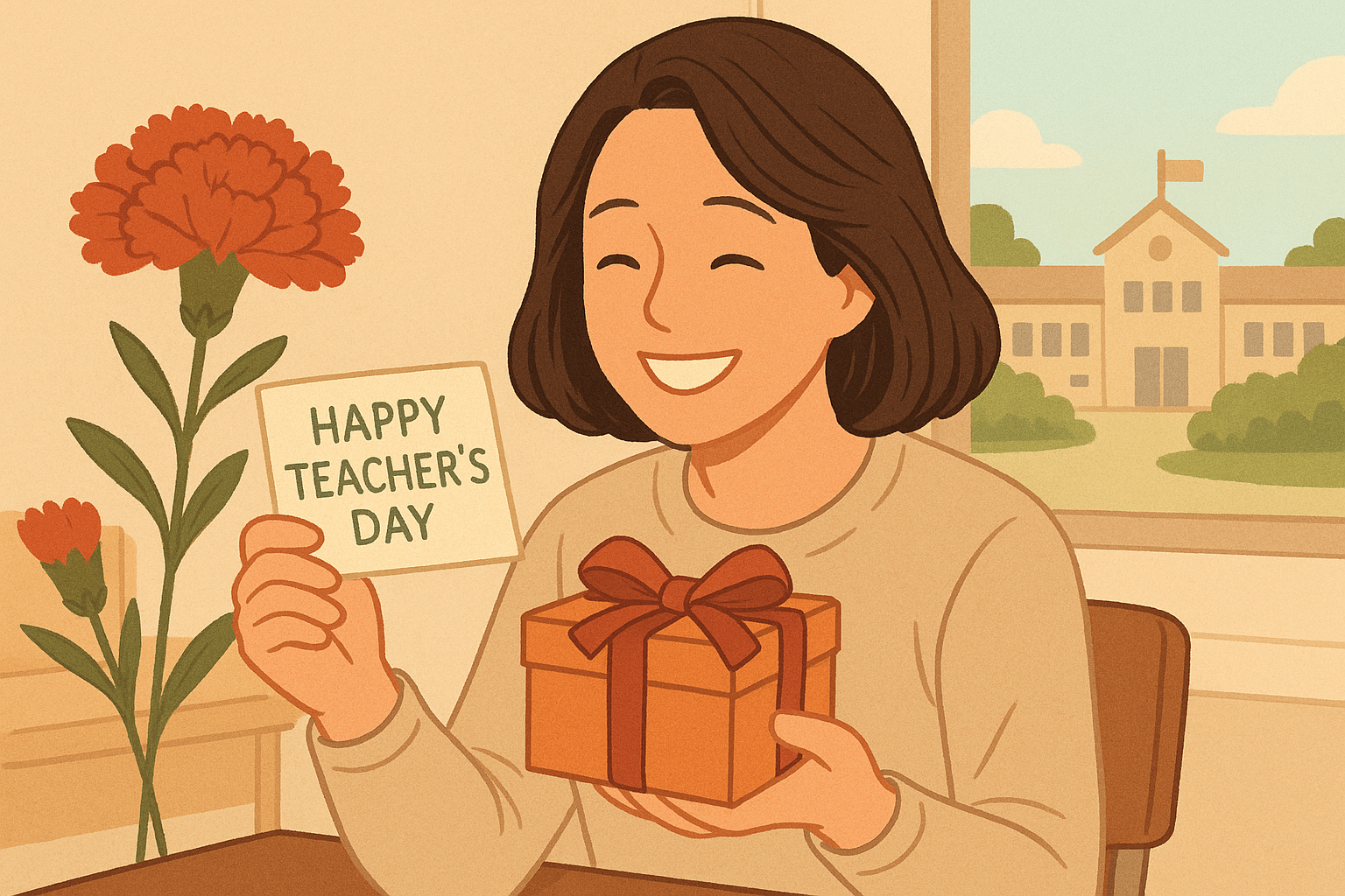 "스승의 날을 맞아, 환하게 웃는 여성 교사가 아이에게 선물과 카드('HAPPY TEACHER'S DAY')를 받는 따뜻한 장면. 창밖엔 학교 건물과 초록 정원이 보이며, 테이블 위에는 붉은 카네이션이 놓여 있다."