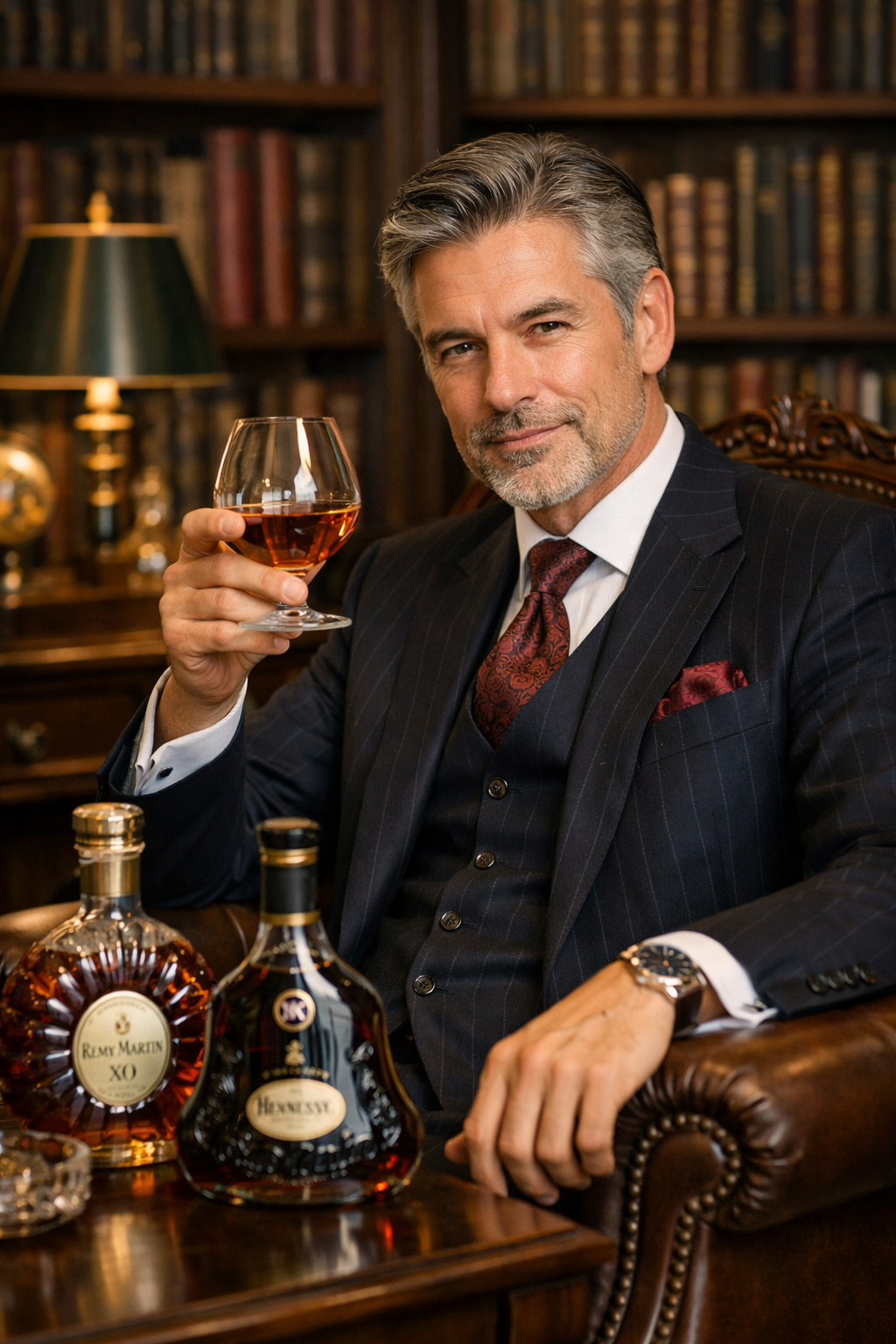 중년신사가 서재에서 브랜디와 꼬냑을 놓고 꼬냑잔을 들고있는 사진
