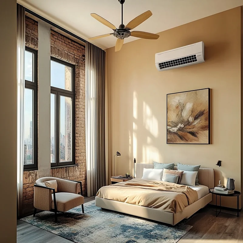 학생 기숙사에서 경제적인 벽걸이 에어컨이 최적의 쾌적함을 제공해요. 기숙사의 로프트 스타일 인테리어와 잘 맞물려 아늑한 분위기를 자아냅니다.