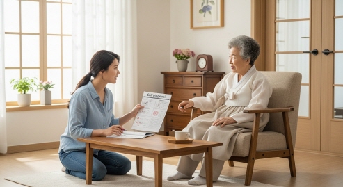 딸이 어머니에게 자가진단표를 읽어주는 장면