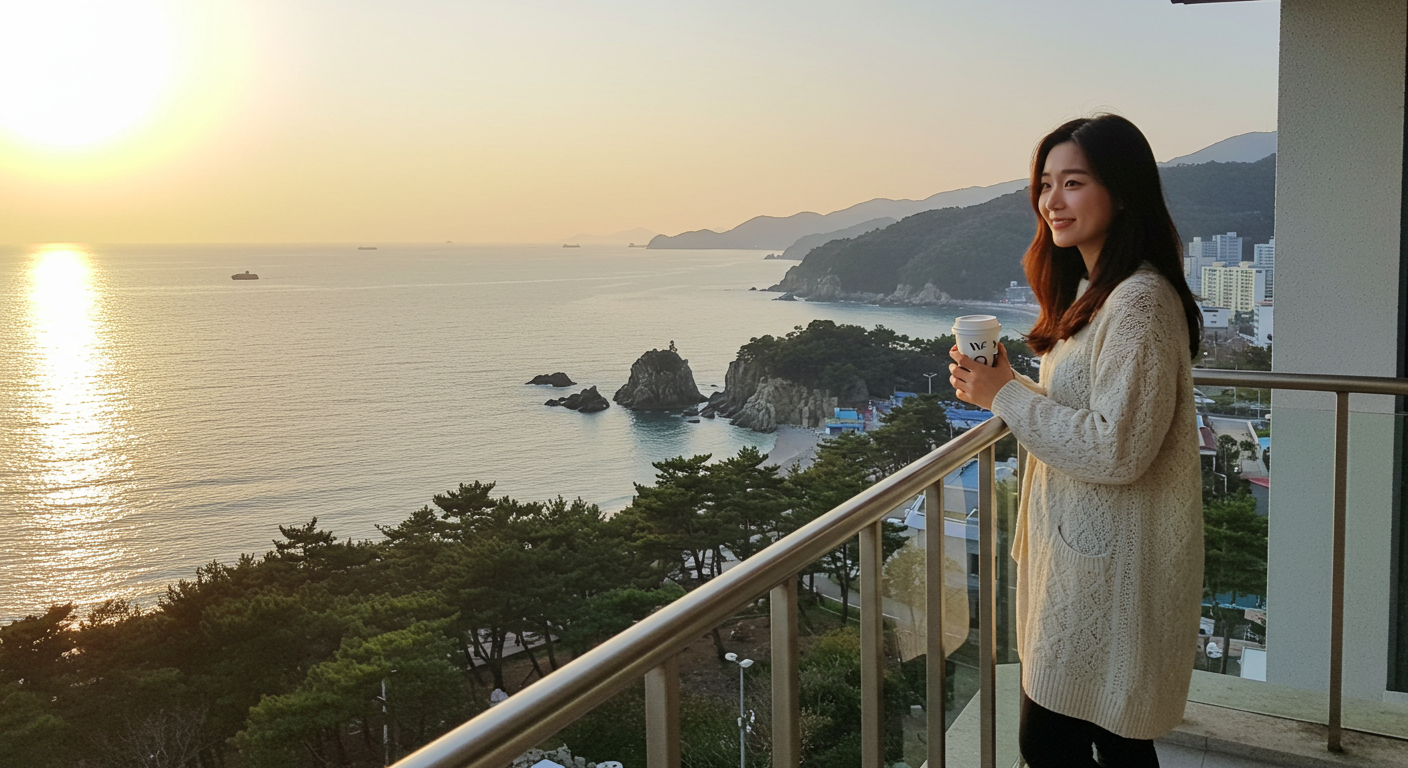 강릉 호텔 발코니에서 일출과 바다를 감상하는 한국인 여성.