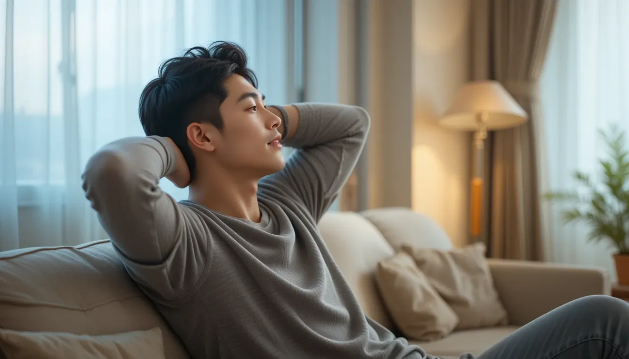 퇴근 후 피로를 풀기 위해 스트레칭을 하는 남성의 모습