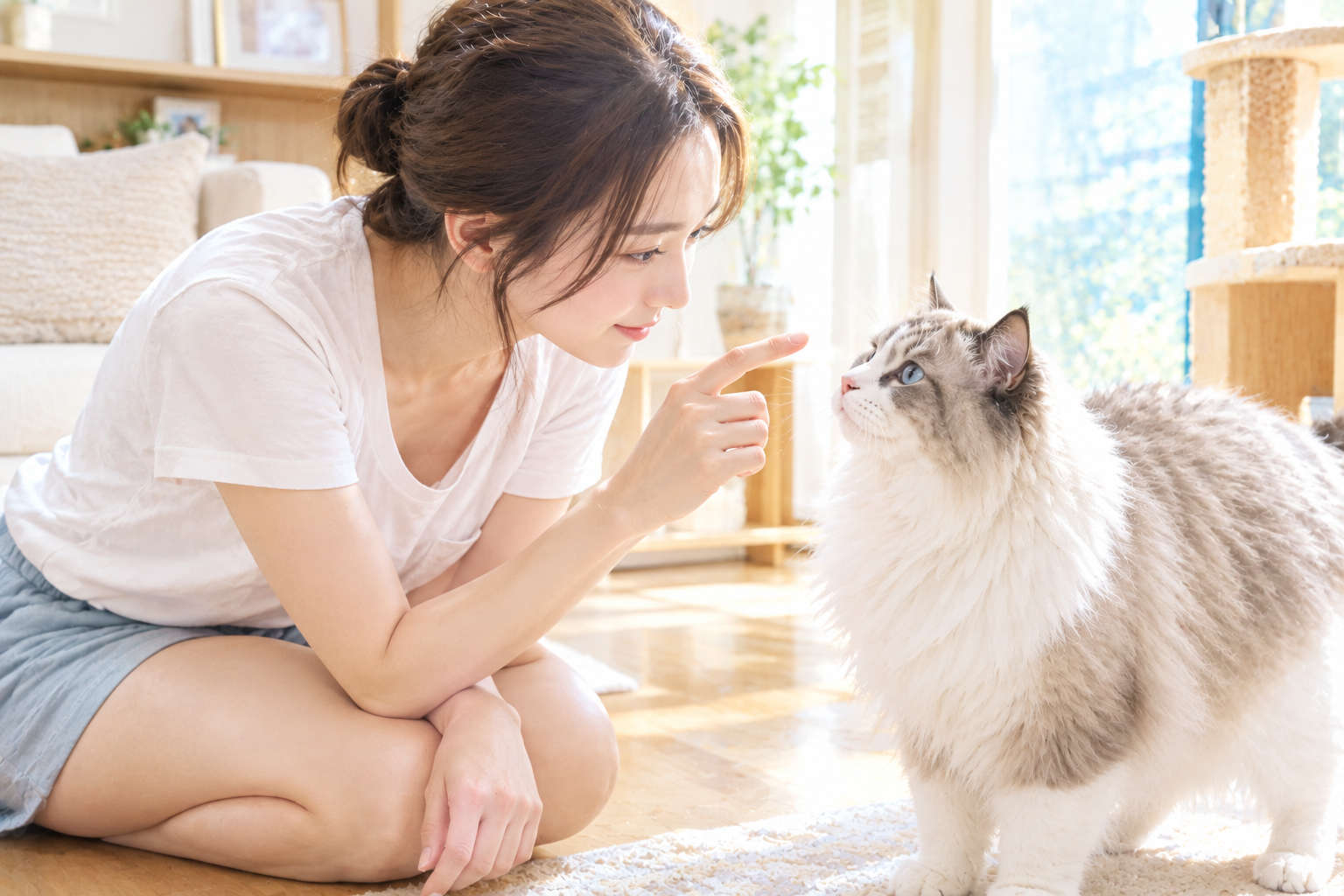 고양이의 동공과 시선 반응을 살피는 보호자