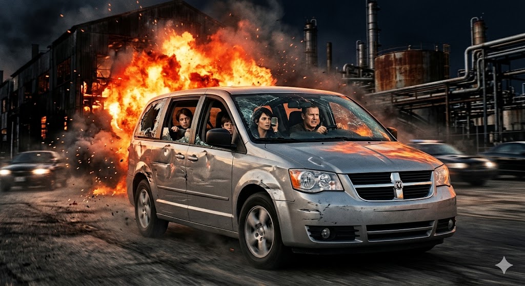 The spy family driving a heavily damaged minivan through a chaotic explosion.