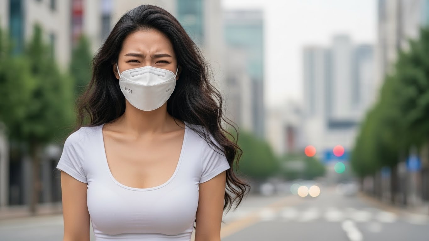 미세먼지에 마스크를 쓴 여성