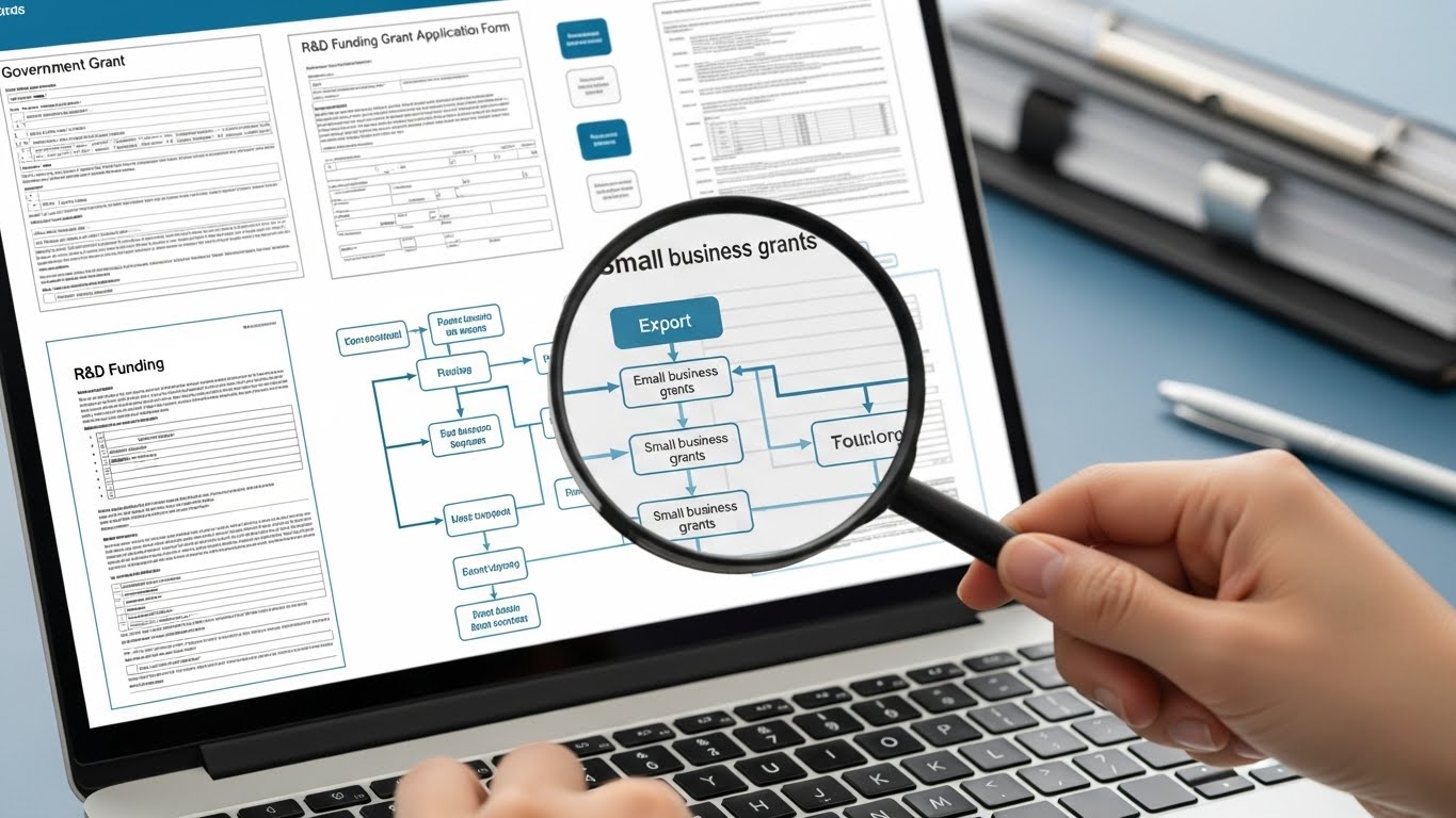 정부 지원금 공고문을 돋보기로 꼼꼼히 살펴보는 모습, 맞춤형 정보 탐색의 중요성.