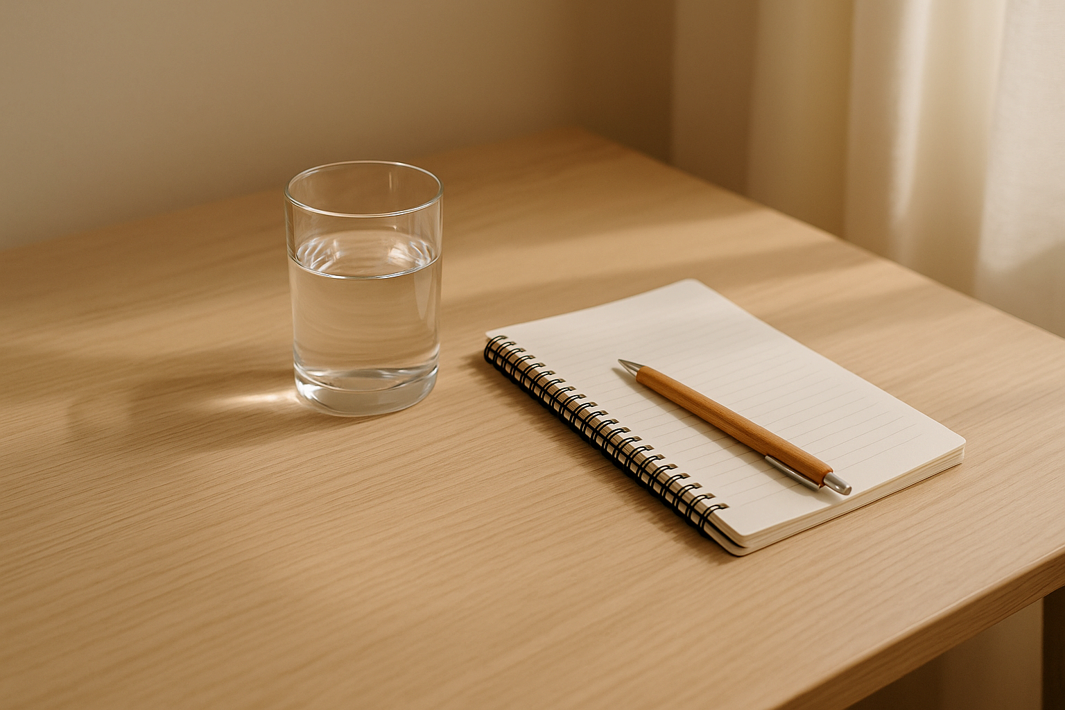 책상 위에 투명한 물컵과 노트가 놓인 조용한 일상 공간
