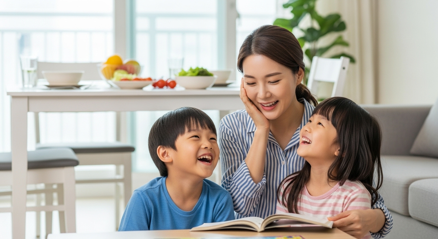 식사 준비 시간을 절약한 워킹맘이 거실에서 아이들과 행복하게 책을 읽으며 소통하는 모습. 시간 절약으로 얻은 정신적 여유를 보여줌.