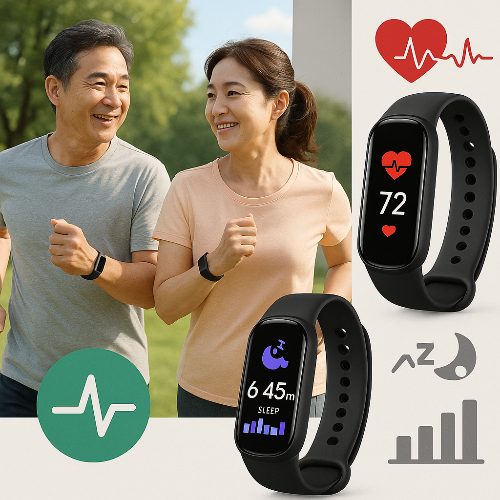4050세대 스마트 밴드 건강 체크 (심박수, 수면질, 운동량)