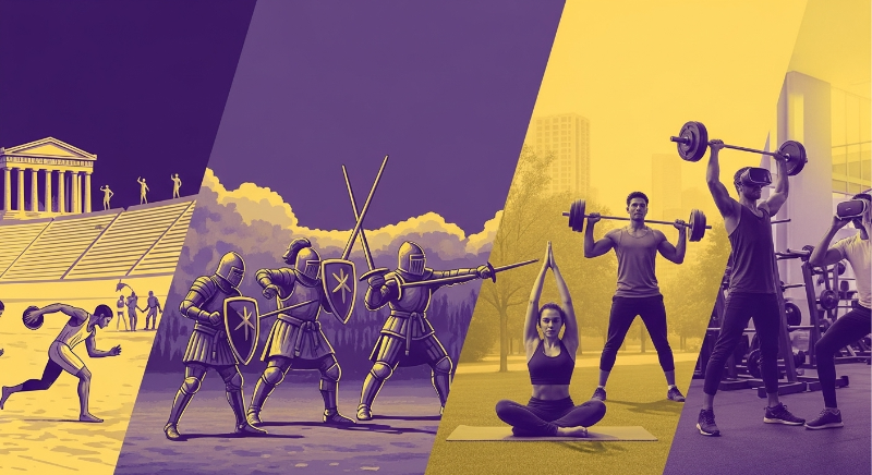고대 그리스 올림픽 선수부터 현대 피트니스, 스마트 운동을 하는 사람들에 이르기까지 인류 운동 역사를 보여주는 역동적인 파노라마 이미지