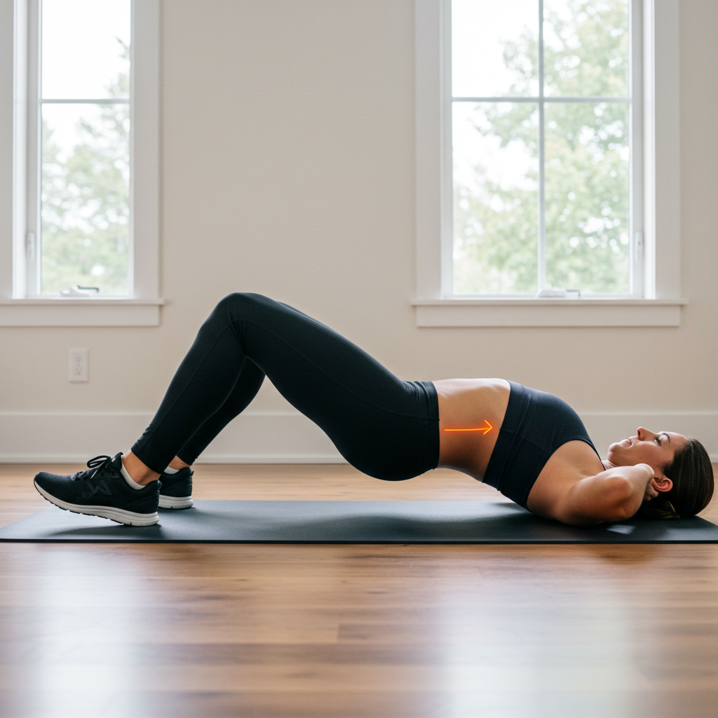 바닥에 누워 엉덩이를 들어 올리는 브릿지 운동을 하는 사람의 측면 모습