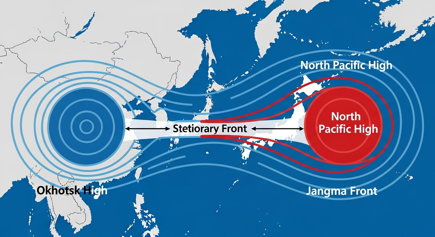 한반도 상공에서 푸른 고기압(오호츠크 고기압)과 붉은 고기압(북태평양 고기압)이 만나는 모습