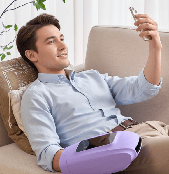 소파에서 폴리오 손 마사지기 사용하고 있는 남성
