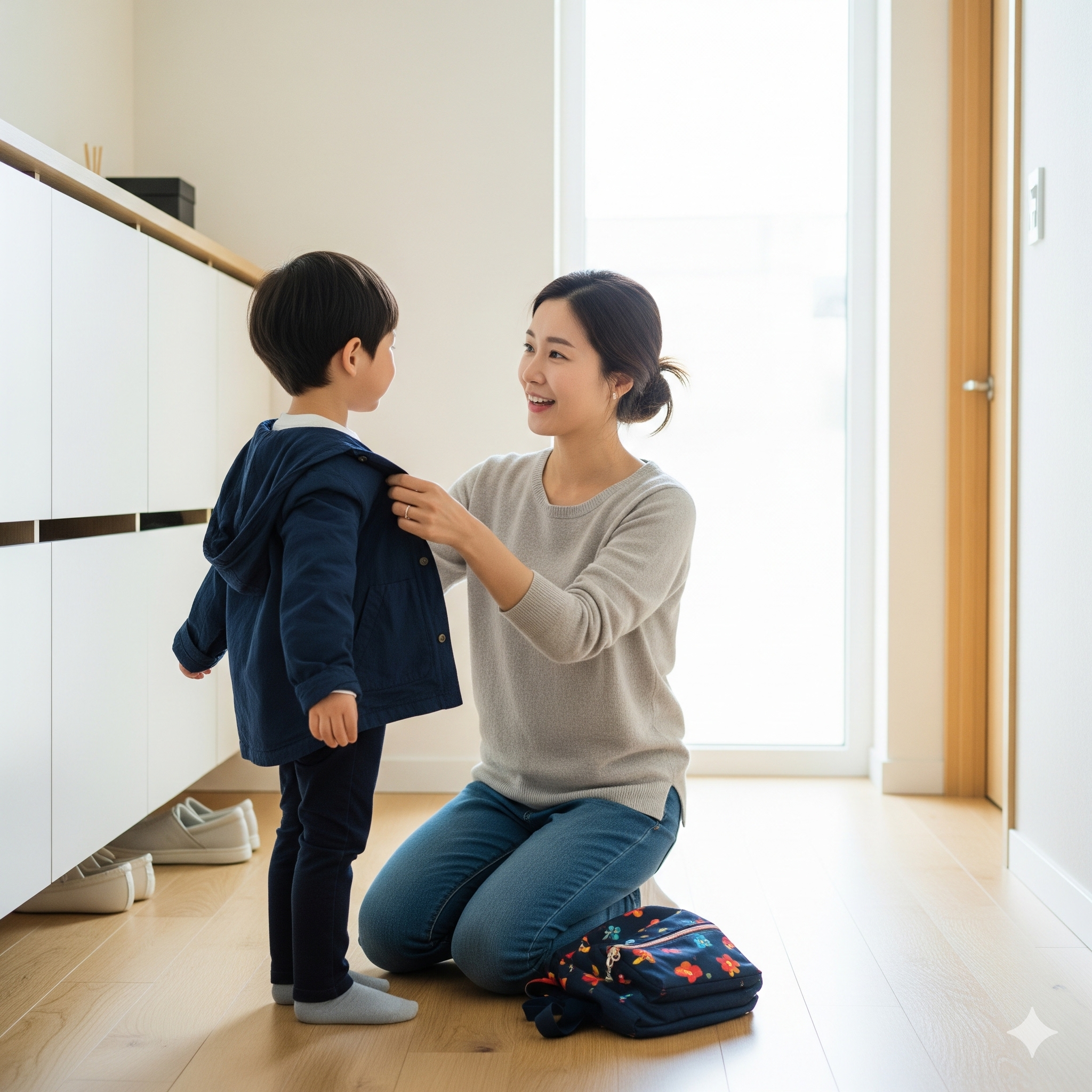 엄마가 아이와 외출 준비하면서 일상 속 대화를 하는 장면
