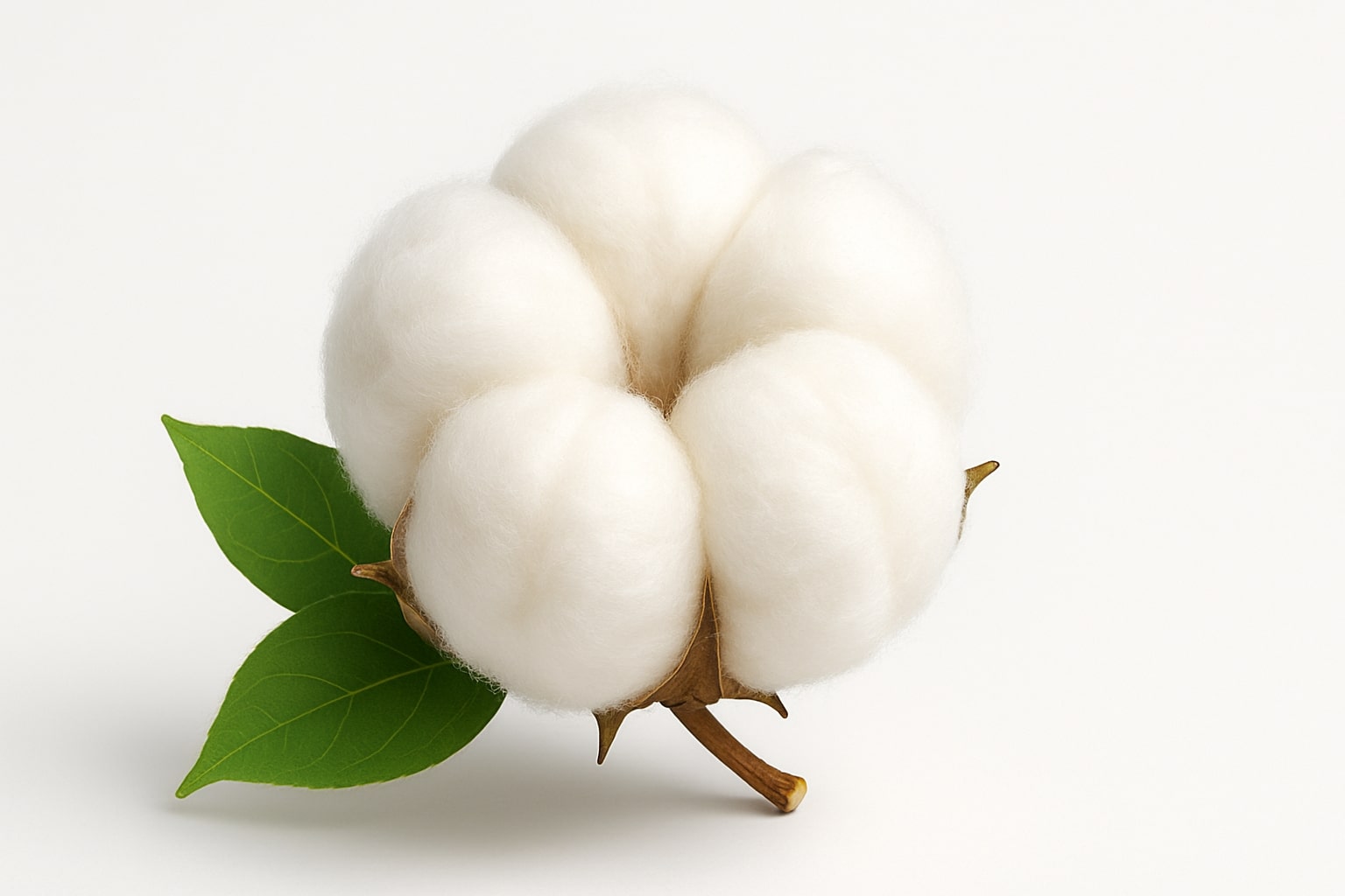 흰색 배경 위에 놓인 생면 솜의 클로즈업 이미지, 녹색 잎과 갈색 줄기가 함께 보임