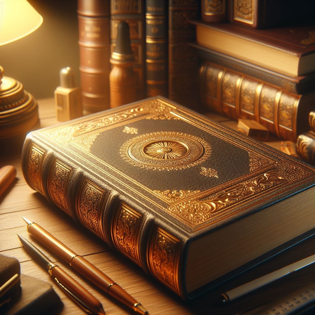 노란색 조명이 밝게 빛나는 책상 위에 고급스러운 책들이 쌓여있다.