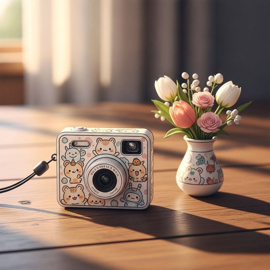 작고 귀여운 마이크로 디지털 카메라가 놓인 책상
